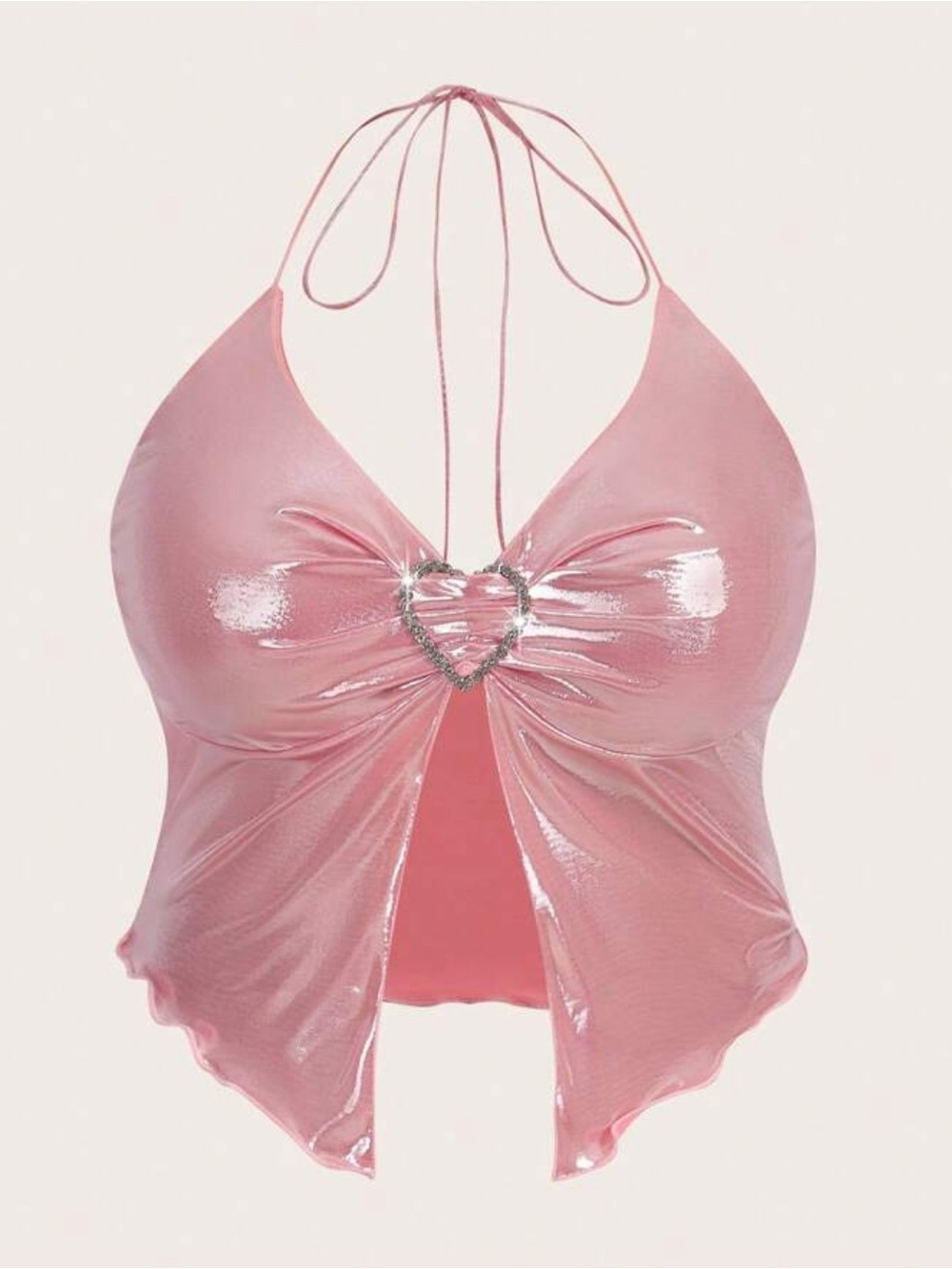 SHEIN Metallic Pink Flyaway Halter Crop Top with Heart Ring Detail